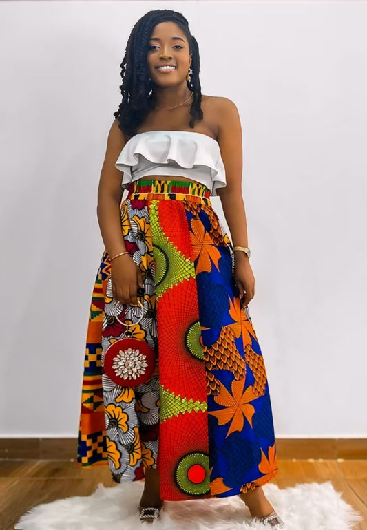 African Patchwork  Maxi Skirt with Elastic Waist Skirt and Pockets (Wax Fabric)