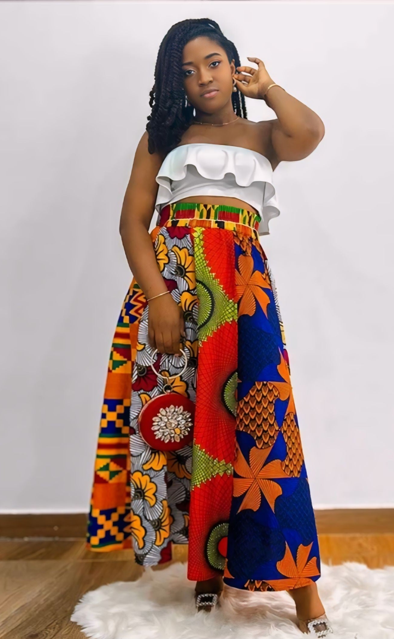 African Patchwork Maxi Skirt with Elastic Waist Skirt and Pockets (Wax Fabric)