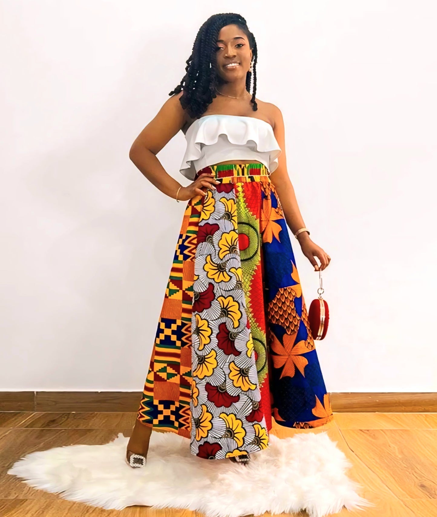 African Patchwork Maxi Skirt with Elastic Waist Skirt and Pockets (Wax Fabric)