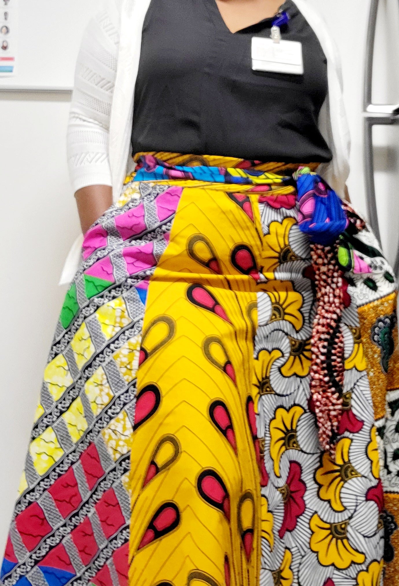 African Patchwork Maxi Skirt with Elastic Waist Skirt and Pockets (Wax Fabric)