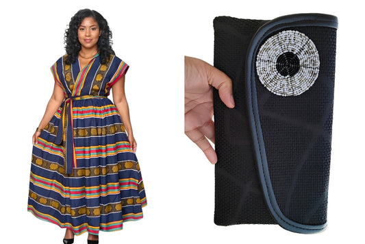 Adama Collection Mud Print Infinity Maxi Dress + Casy's Beaded Clutch