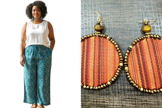 Zuri Unisex Luxe Adire Pants - Print C + Adamas Large Beaded Mudcloth Earrings-Ife
