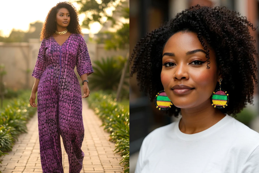 ZURI Adire Jumpsuit - Print A (Size 12/14) + Adamas Small Beaded Mudcloth Earrings-Stella