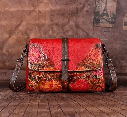Aimee Genuine Leather Crossbody Bag for Women – Embossed Floral Shoulder Bag with Adjustable Strap, Vintage Designer Leather Purse, Satchel Style