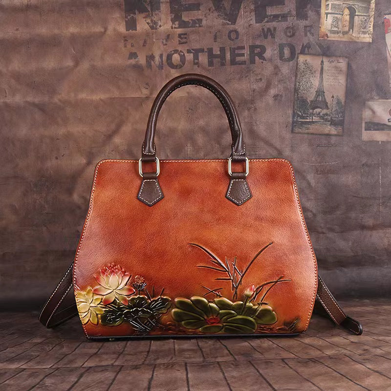 Fleur Genuine Leather Tote Bag for Women - Stylish Vintage Fashion Laptop Messenger Bag, Handbag with Detachable Shoulder Strap for Work or Travel