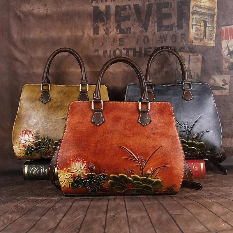 Fleur Genuine Leather Tote Bag for Women - Stylish Vintage Fashion Laptop Messenger Bag, Handbag with Detachable Shoulder Strap for Work or Travel