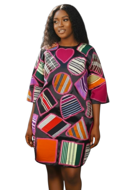 Yahden Women’s Luxury Patched Dress – Mikado Fabric with Aso Oke & Embroidery
