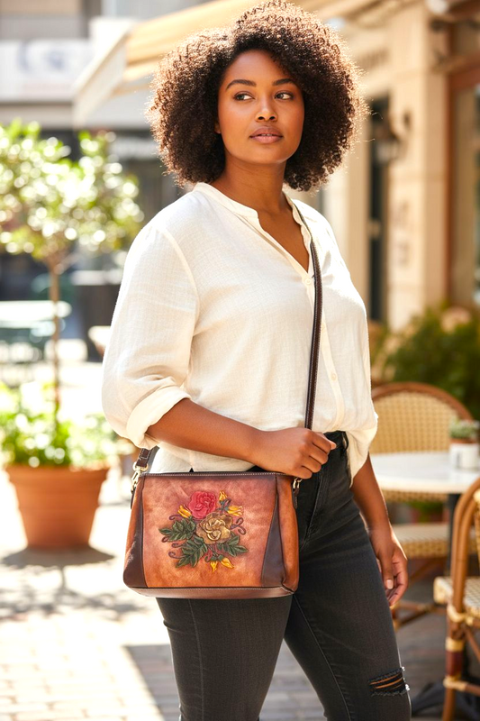 Alizee Genuine Leather Crossbody Bag for Women – Vintage Floral Embossed Shoulder Bag with Adjustable Strap, Medium Messenger Bag for Women