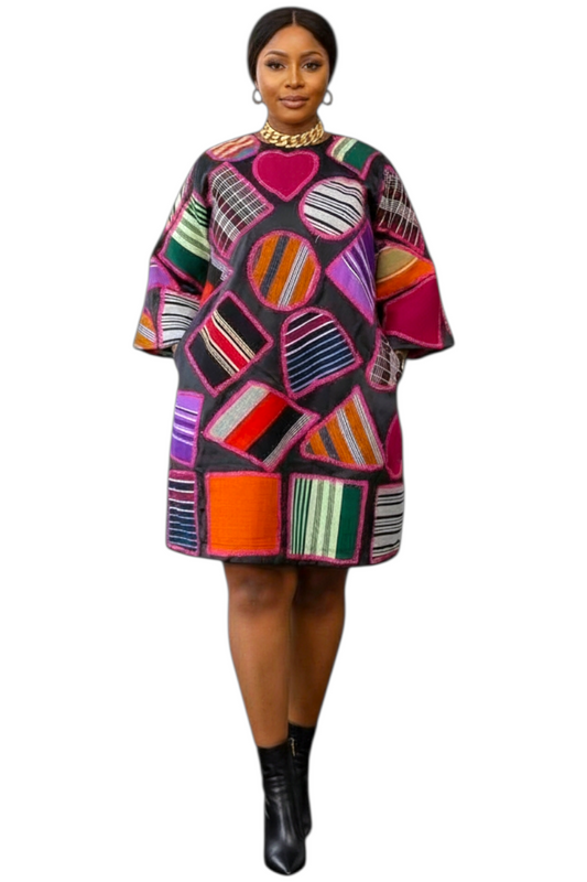 Yahden Women’s Luxury Patched Dress – Mikado Fabric with Aso Oke & Embroidery