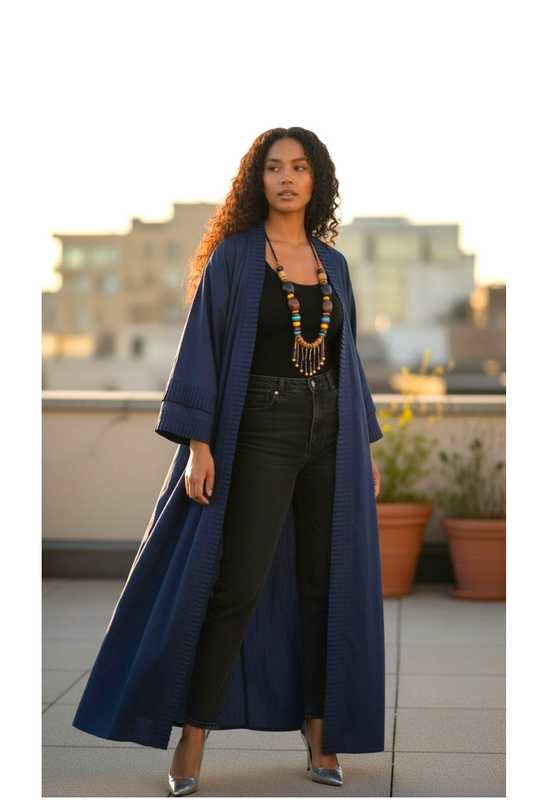 Ade's Solid Print Kimono Duster- Navy Blue
