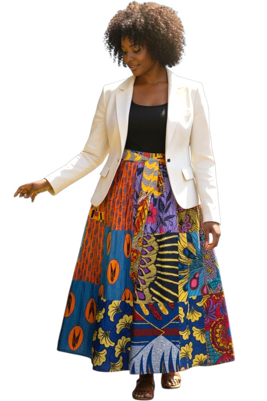 African Patchwork Maxi Skirt with Elastic Waist Skirt and Pockets (Wax Fabric)