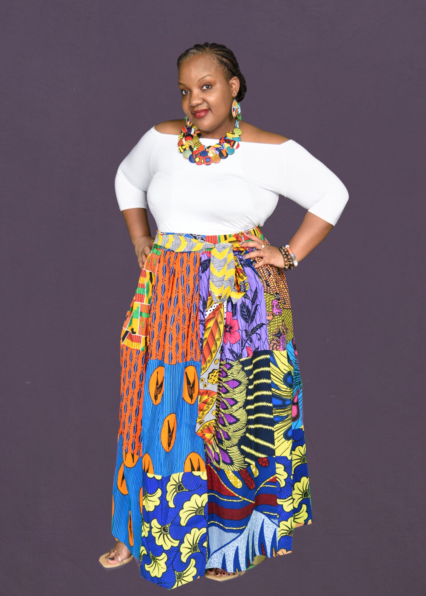 African Patchwork Maxi Skirt with Elastic Waist Skirt and Pockets (Wax Fabric)