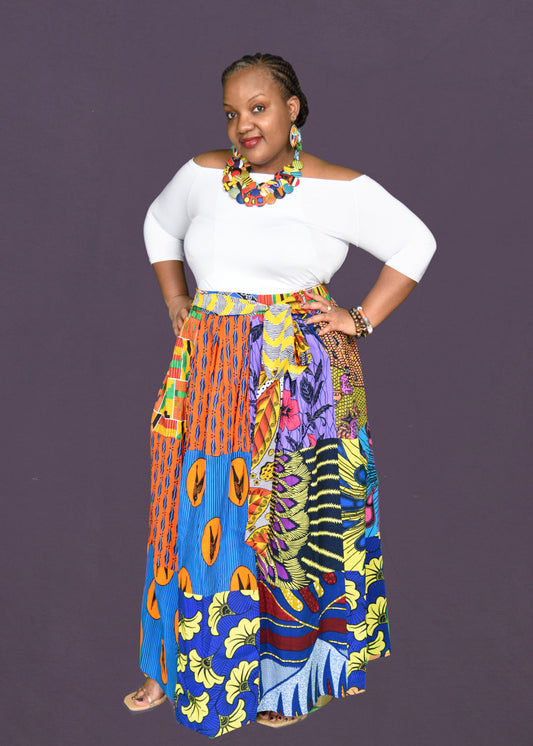 African Patchwork  Maxi Skirt with Elastic Waist Skirt and Pockets (Wax Fabric)