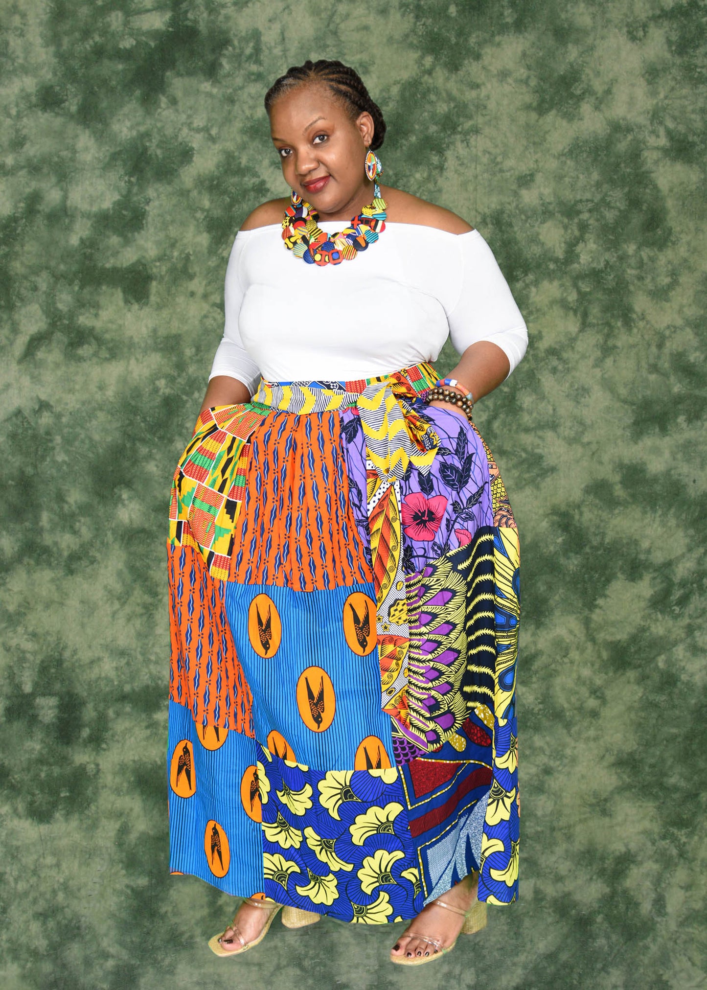 African Patchwork Maxi Skirt with Elastic Waist Skirt and Pockets (Wax Fabric)