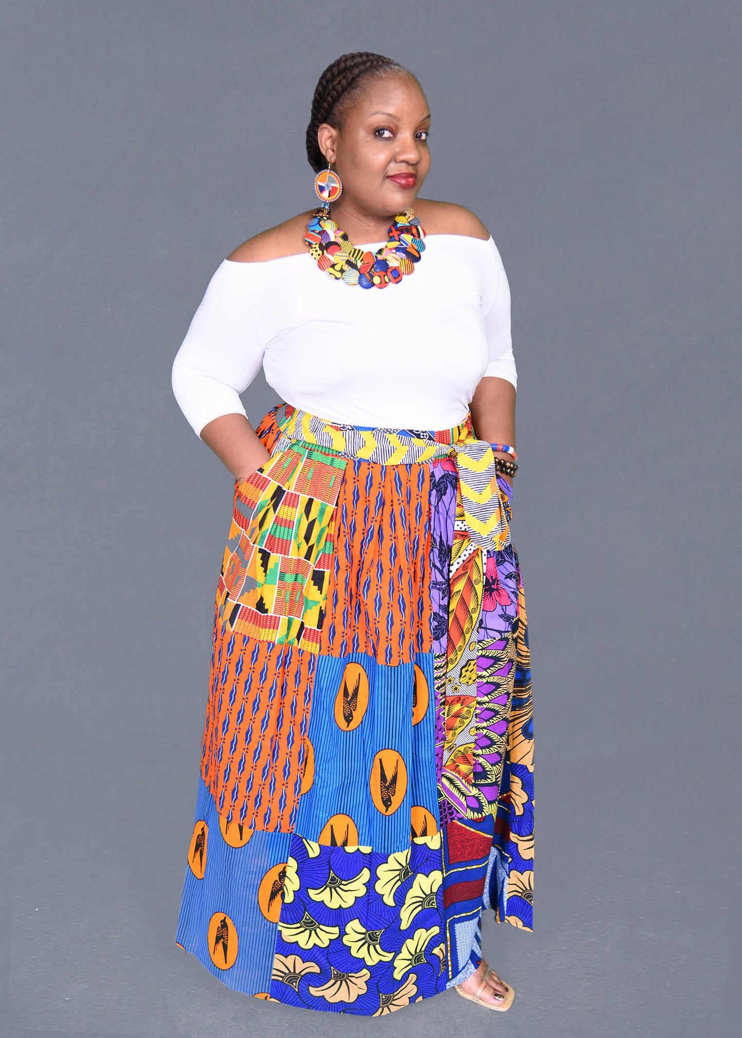 African Patchwork Maxi Skirt with Elastic Waist Skirt and Pockets (Wax Fabric)
