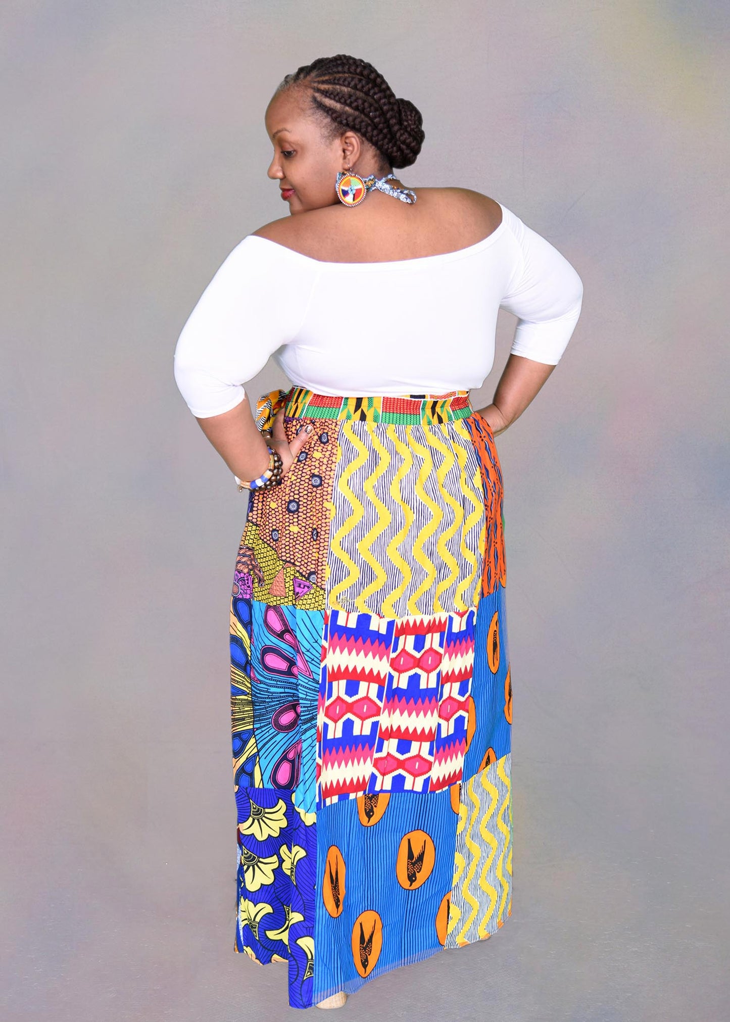 African Patchwork Maxi Skirt with Elastic Waist Skirt and Pockets (Wax Fabric)