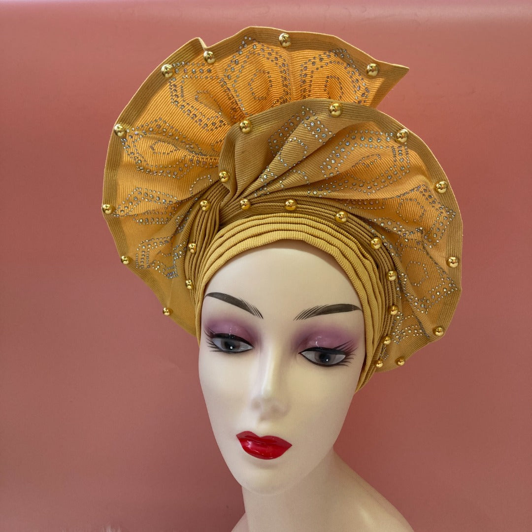 Pretied Turban- Luxury Nigerian Aso Oke Headtie Already Made African Headtie Women Headbands Head Wrap Turban Cap Auto Gele Headties Femme Headscarf Headgear Sewing Fabric For Party