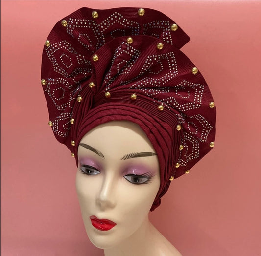 Pretied Turban- Luxury Nigerian Aso Oke Headtie Already Made African Headtie Women Headbands Head Wrap Turban Cap Auto Gele Headties Femme Headscarf Headgear Sewing Fabric For Party