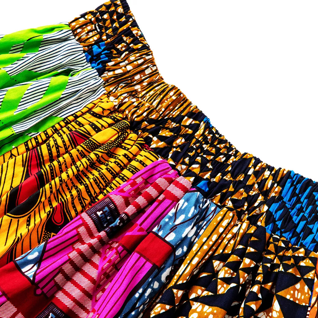 African Patchwork Maxi Skirt with Elastic Waist Skirt and Pockets (Wax Fabric)