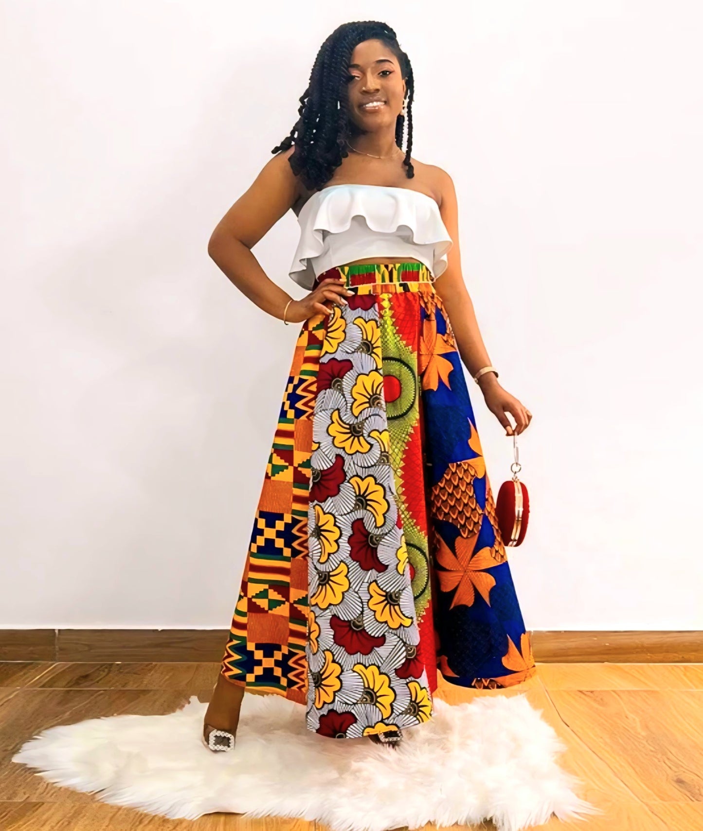 African Patchwork  Maxi Skirt with Elastic Waist Skirt and Pockets (Wax Fabric)