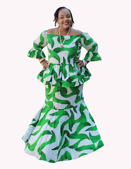Yahden Women Ankara Off Shoulder Top and Fish Tail Skirt Set-Print B &C