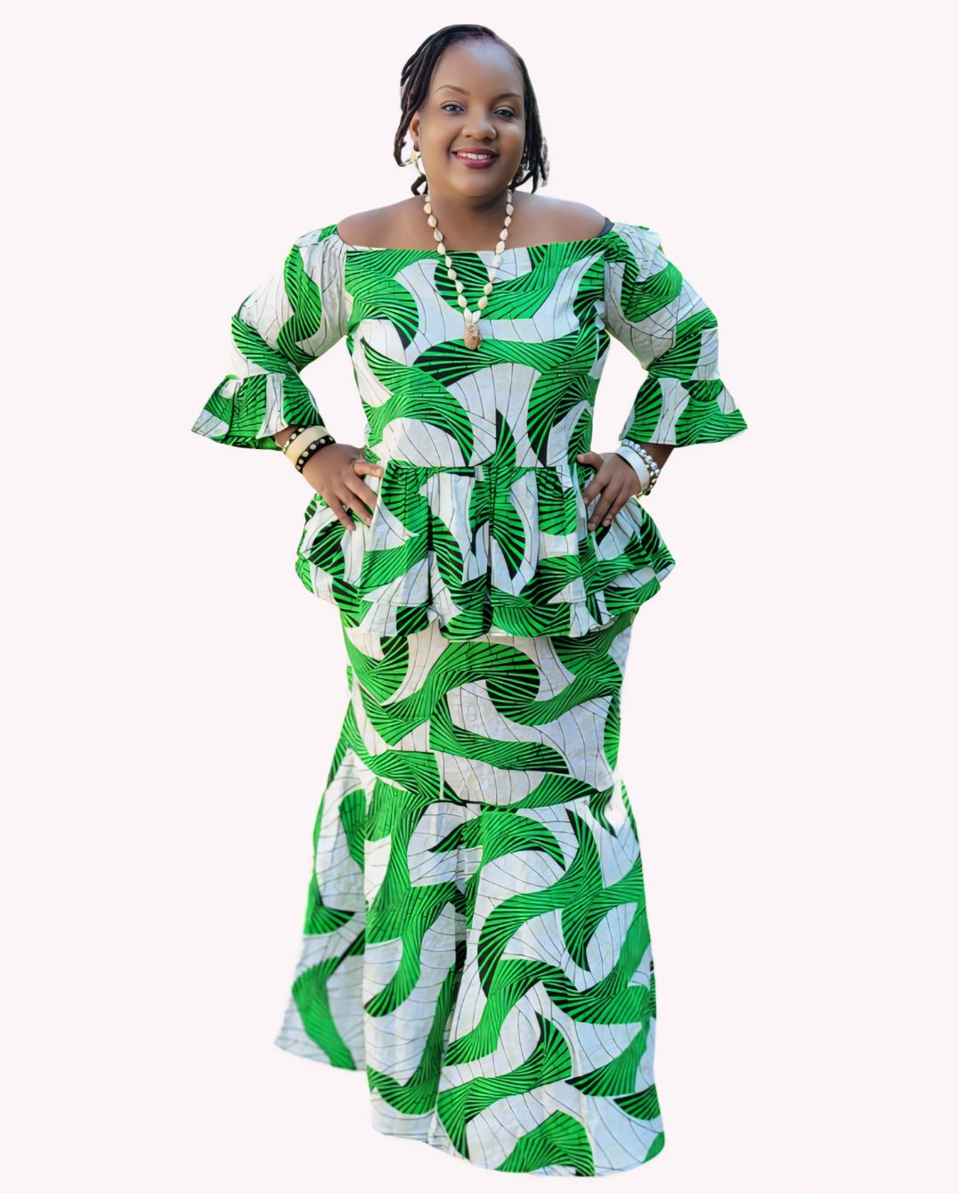 Yahden Women Ankara Off Shoulder Top and Fish Tail Skirt Set-Print B &C