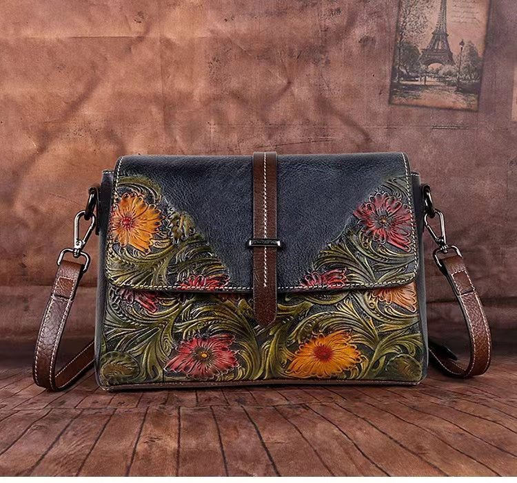 Aimee Genuine Leather Crossbody Bag for Women – Embossed Floral Shoulder Bag with Adjustable Strap, Vintage Designer Leather Purse, Satchel Style