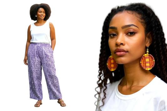 Zuri Unisex Luxe Adire Pants - Print E + Adamas Small Beaded Mudcloth Earrings-Ayele