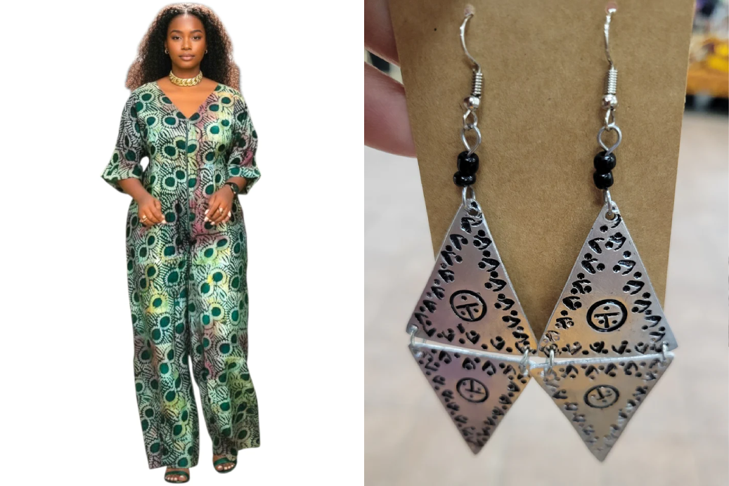 ZURI Adire Jumpsuit - Print C (Size 12/14) + Yah'den Women Aluminum Earrings Collection