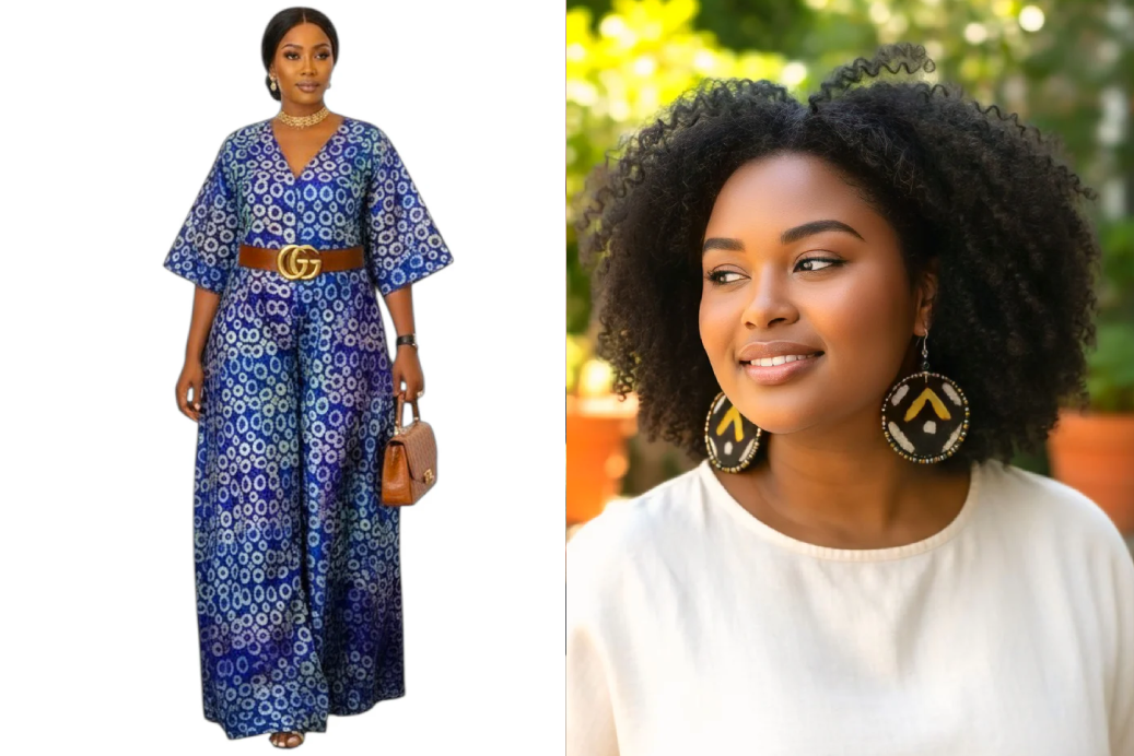 ZURI Adire Jumpsuit - Print F (Size 10/12) + Adamas Large Beaded Mudcloth Earrings-Ade