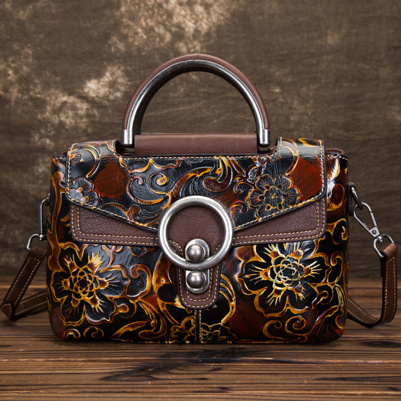 Desiree Genuine Leather Handbag for Women - Vintage Floral Embossed Multi-Way Crossbody, Shoulder Bag, Satchel with Adjustable Strap