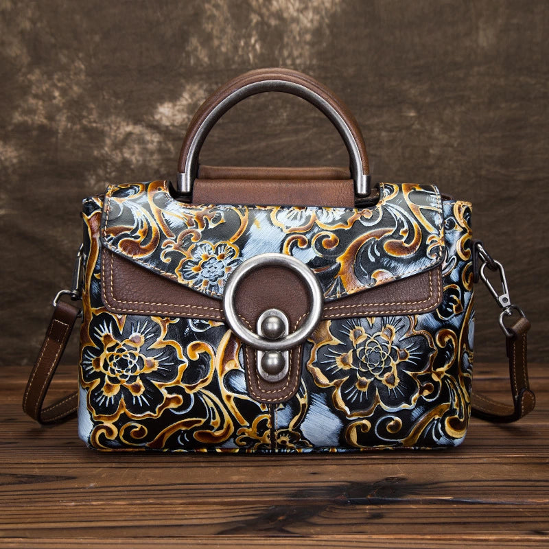 Desiree Genuine Leather Handbag for Women - Vintage Floral Embossed Multi-Way Crossbody, Shoulder Bag, Satchel with Adjustable Strap