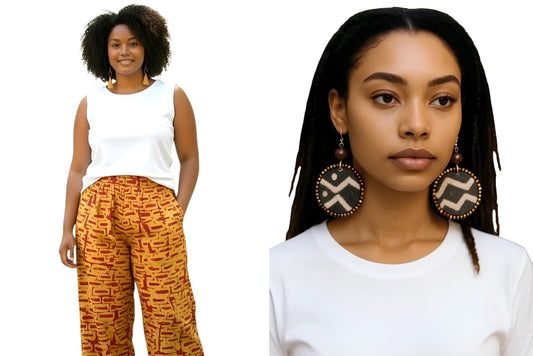 Zuri Unisex Luxe Adire Pants - Print B + Adamas Large Beaded Mudcloth Earrings-Ayo