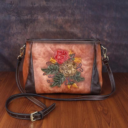 Alizee Genuine Leather Crossbody Bag for Women – Vintage Floral Embossed Shoulder Bag with Adjustable Strap, Medium Messenger Bag for Women