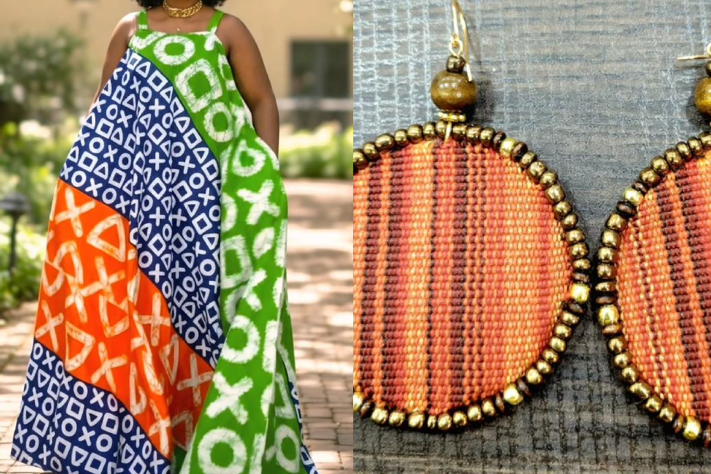 Zawadi Pan-African Maxi Dress-B + Adamas Large Beaded Mudcloth Earrings-Ife