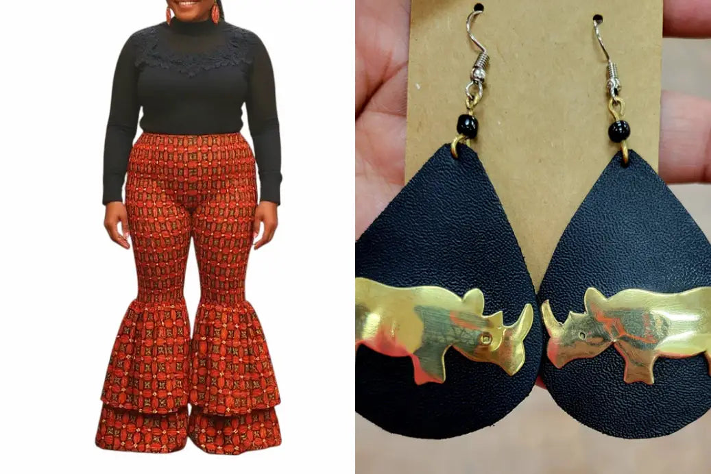 Yahden Ankara Trendy Flared Pants + Frannie's Leather and Brass Earrings