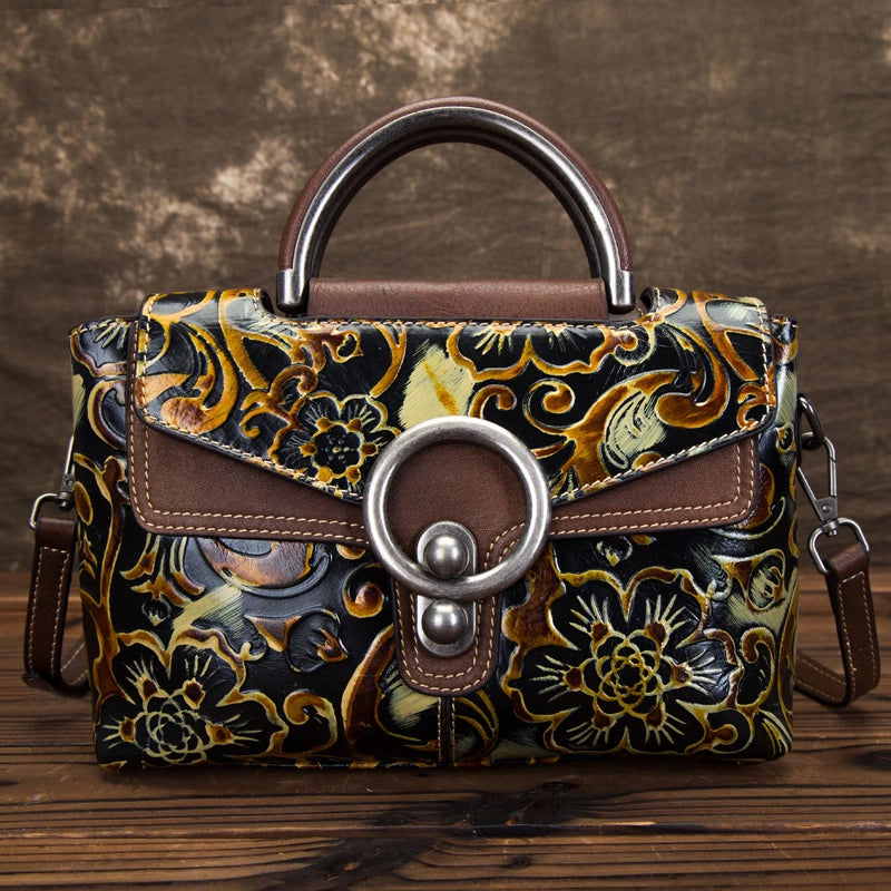 Desiree Genuine Leather Handbag for Women - Vintage Floral Embossed Multi-Way Crossbody, Shoulder Bag, Satchel with Adjustable Strap