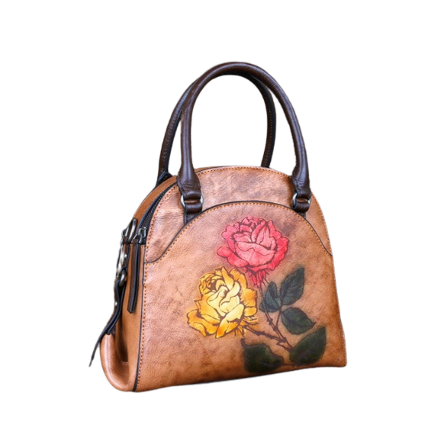 Amelie Genuine Leather Handbag for Women – Embossed Floral Design Shoulder Bag with Bamboo Handle, Crossbody Bag with Twin Zippers