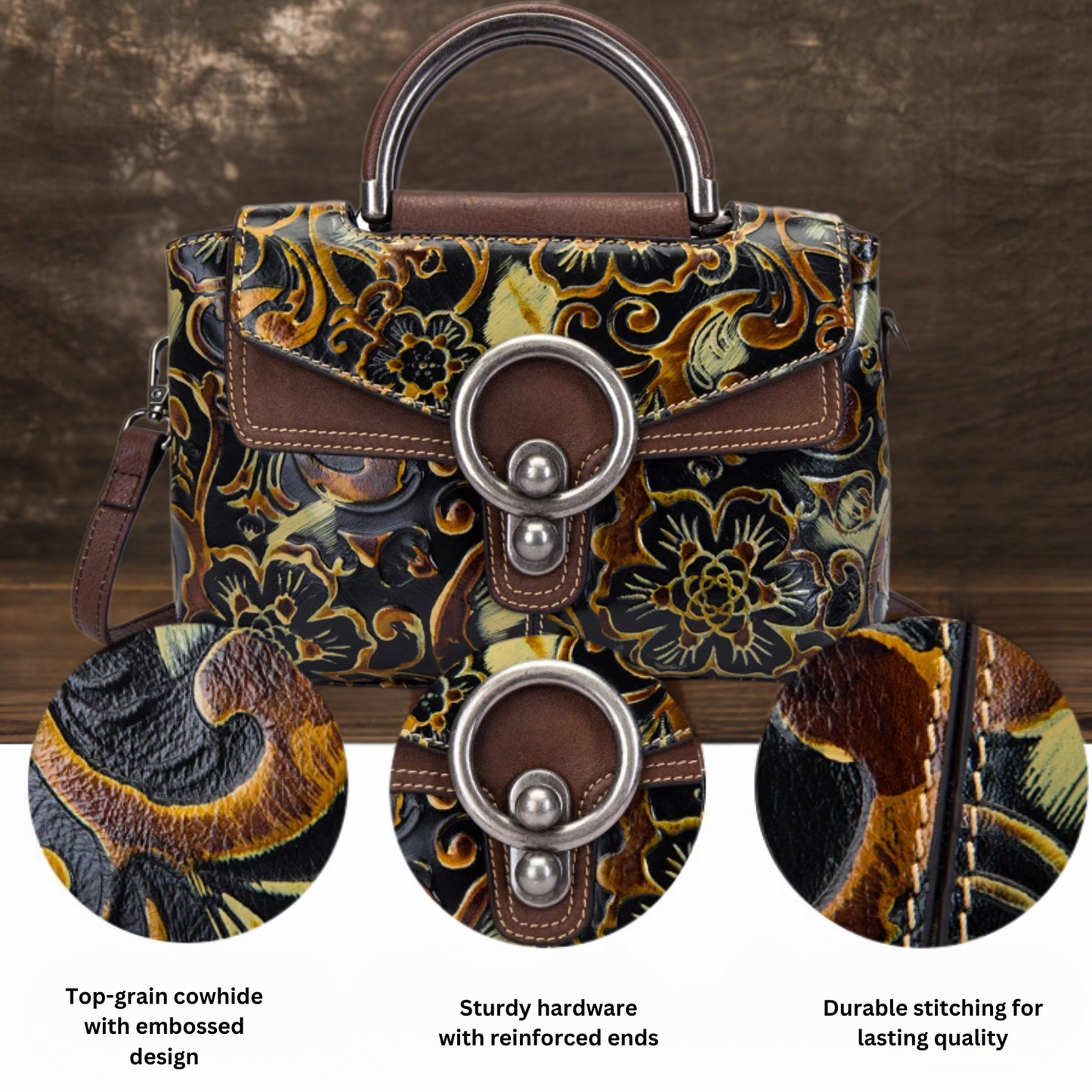 Desiree Genuine Leather Handbag for Women - Vintage Floral Embossed Multi-Way Crossbody, Shoulder Bag, Satchel with Adjustable Strap