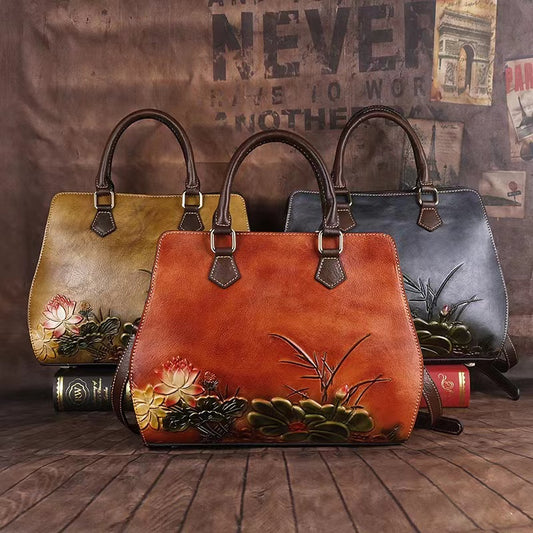 Fleur Genuine Leather Tote Bag for Women - Stylish Vintage Fashion Laptop Messenger Bag, Handbag with Detachable Shoulder Strap for Work or Travel