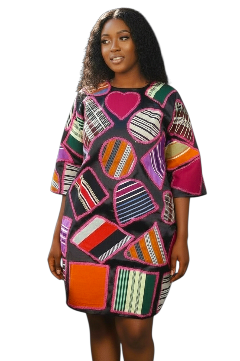 Yahden Women’s Luxury Patched Dress – Mikado Fabric with Aso Oke & Embroidery
