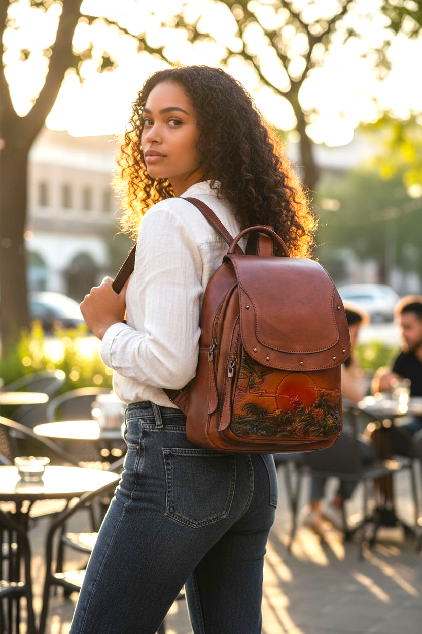 Blanche Luxury Leather Backpack for Women - Vintage Floral Embossed Laptop Backpack for Women, Travel & Work Bag with Adjustable Straps