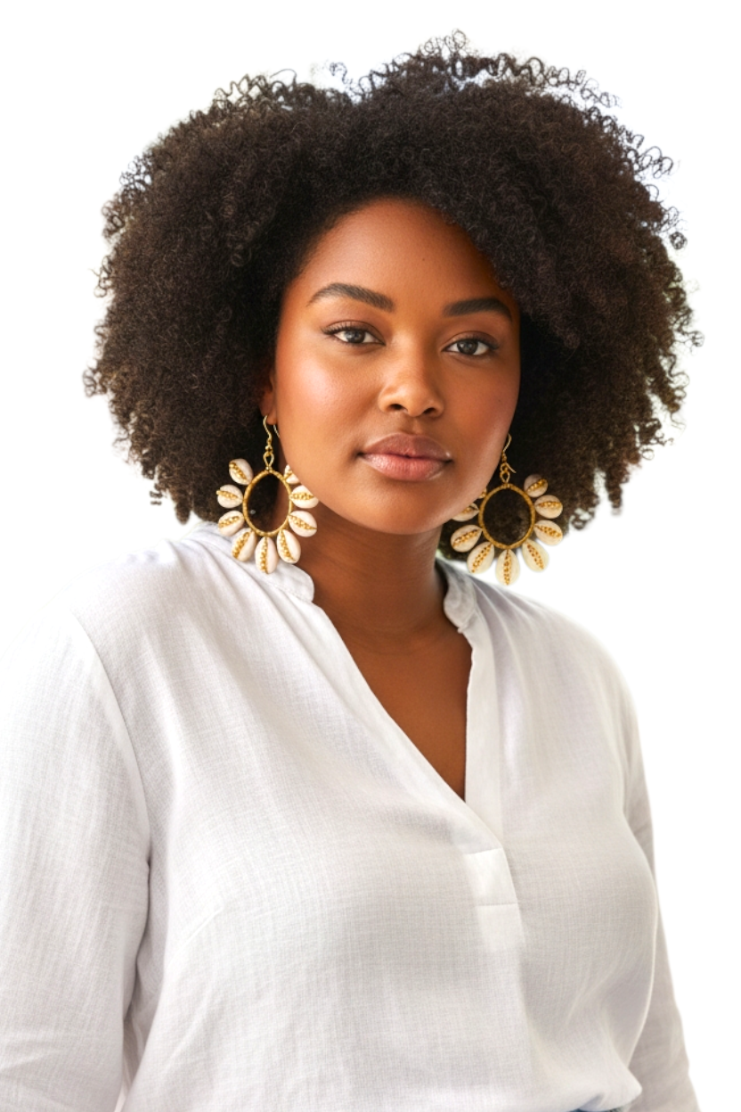 Floral Shell & Brass Hoop Earrings – Lightweight African-Inspired Jewelry