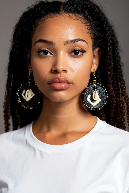 Adamas Shell Large Beaded Mudcloth Earrings-Debbie