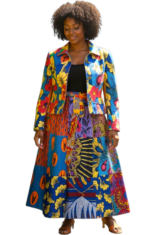 African Patchwork  Maxi Skirt with Elastic Waist Skirt and Pockets (Wax Fabric)