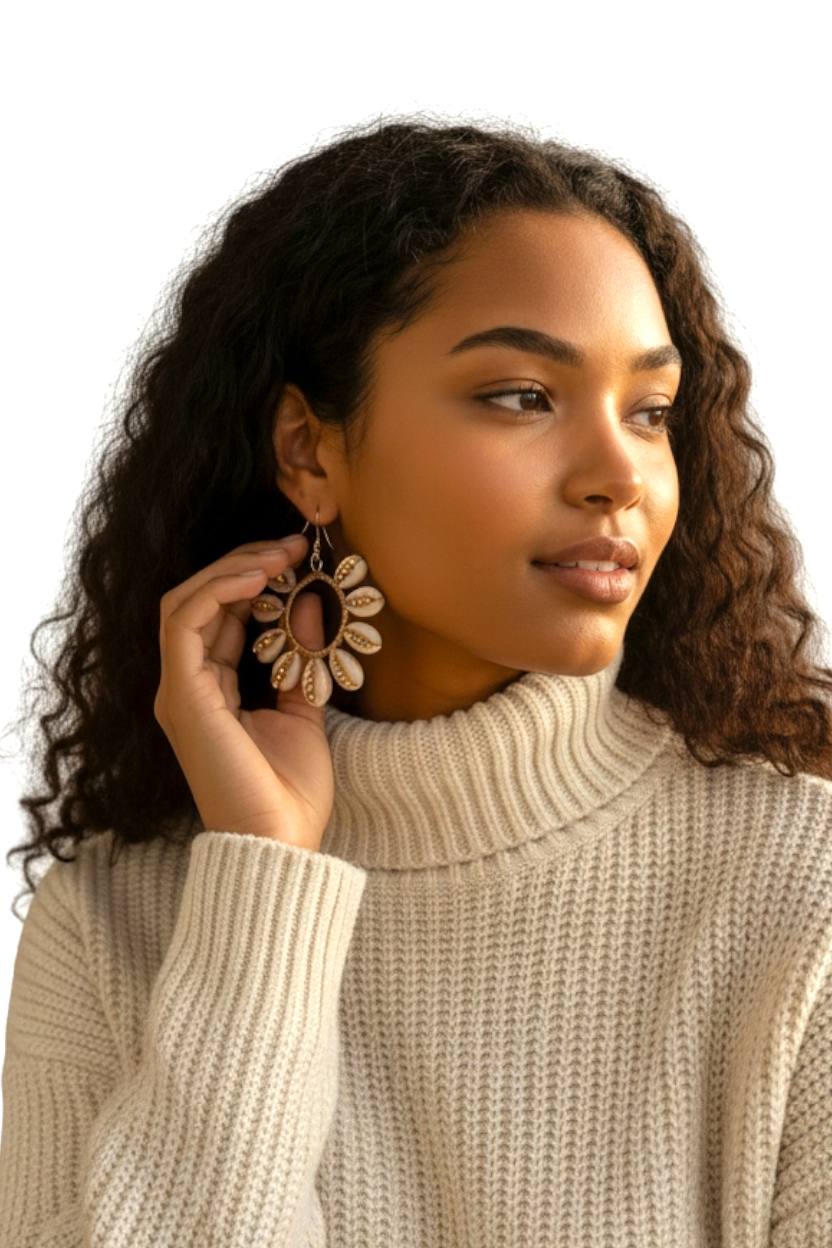 Floral Shell & Brass Hoop Earrings – Lightweight African-Inspired Jewelry