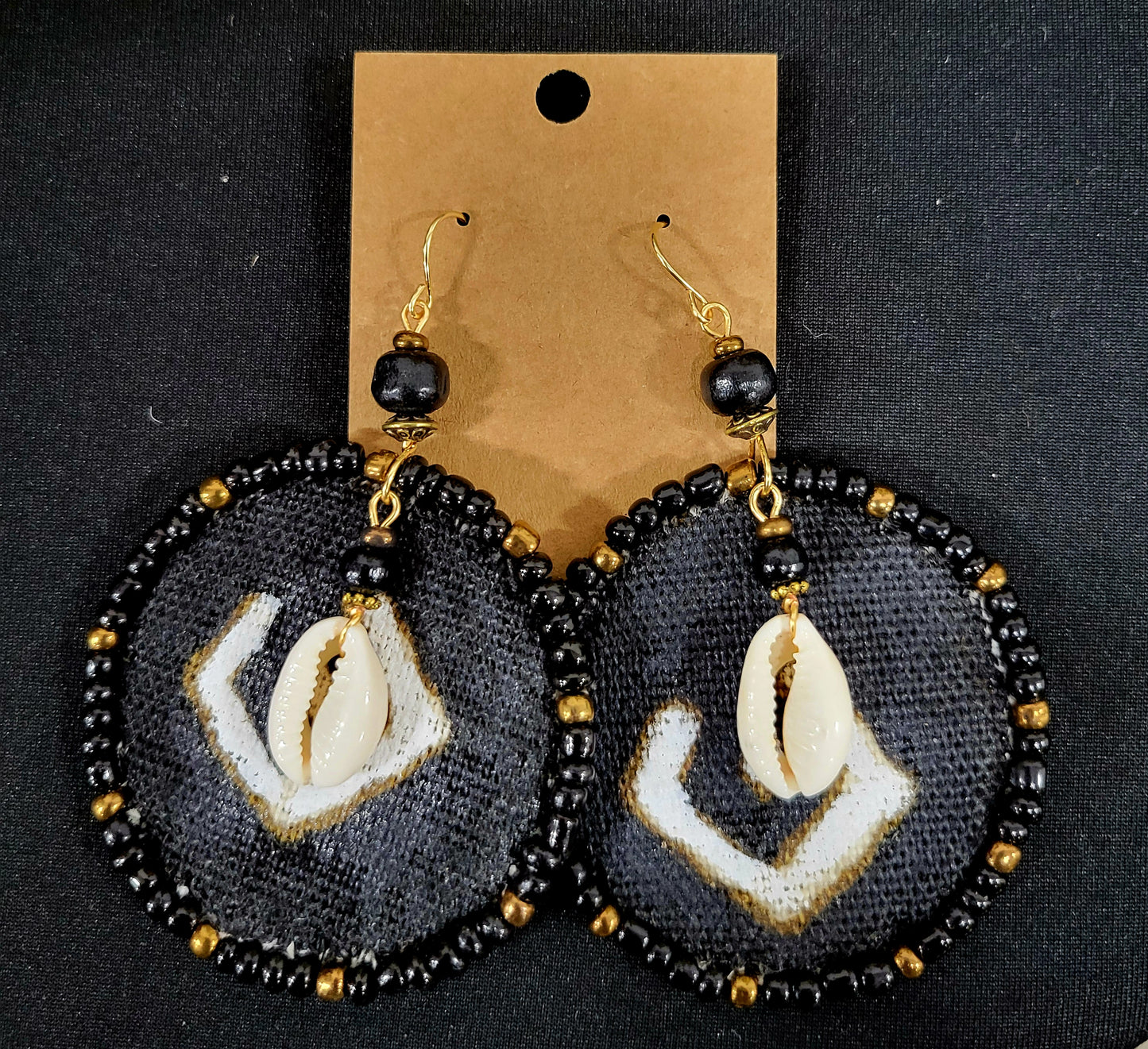 Adamas Shell Large Beaded Mudcloth Earrings-Debbie