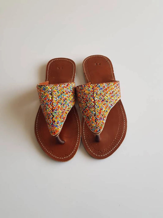 Maasai beaded sandals , African sandals for women , Multicolored sandals.