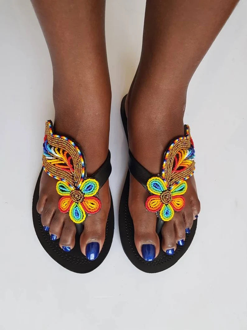 Maasai sandals for women , Summer sandals , Brown leather open shoes