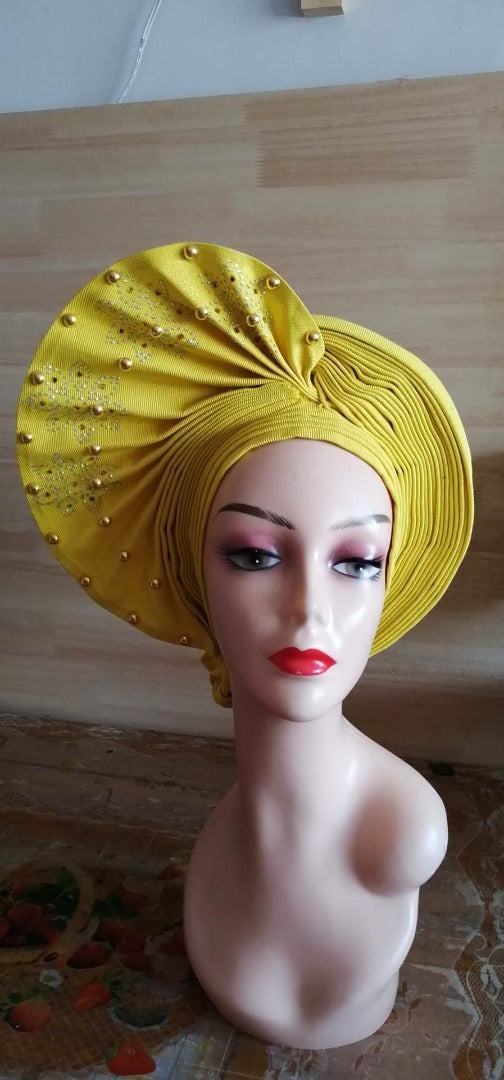 Pretied Turban- Luxury Nigerian Aso Oke Headtie Already Made African Headtie Women Headbands Head Wrap Turban Cap Auto Gele Headties Femme Headscarf Headgear Sewing Fabric For Party